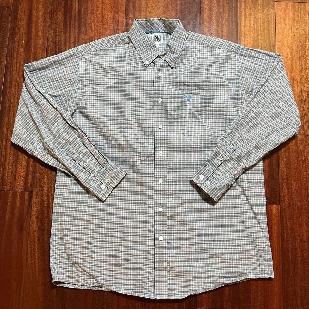 Cinch Shirt Mens Large Cotton Orange Blue Plaid Check Western Cowboy Workwear